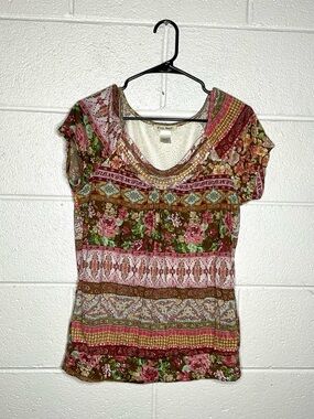 < Vintage Tru Self Multi-Pattern Short Sleeve Top Y2K Bohemian >